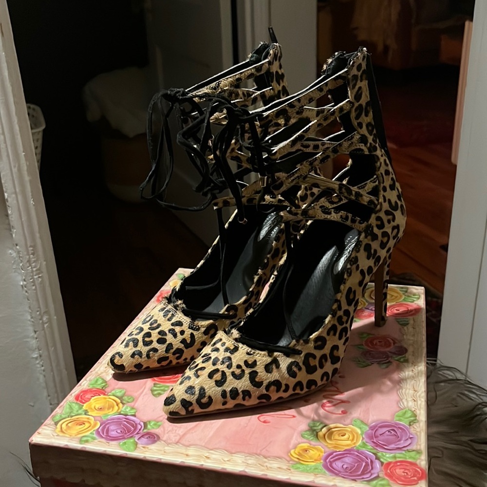 Jeffrey Campbell x free people leopard lace up heels